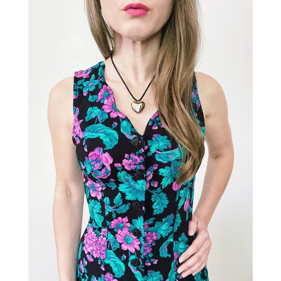 80s / 90s petite jazz bold floral mini dress - VTG black purple teal sheath - Picture 3 of 11